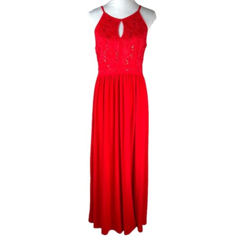 Candalite Lace Bodice Floor Length Dress Red Size Large